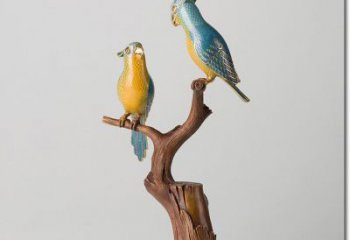 彩繪鸚鵡雕塑，仿真動物小品，玻璃鋼鳥禽雕塑廠家