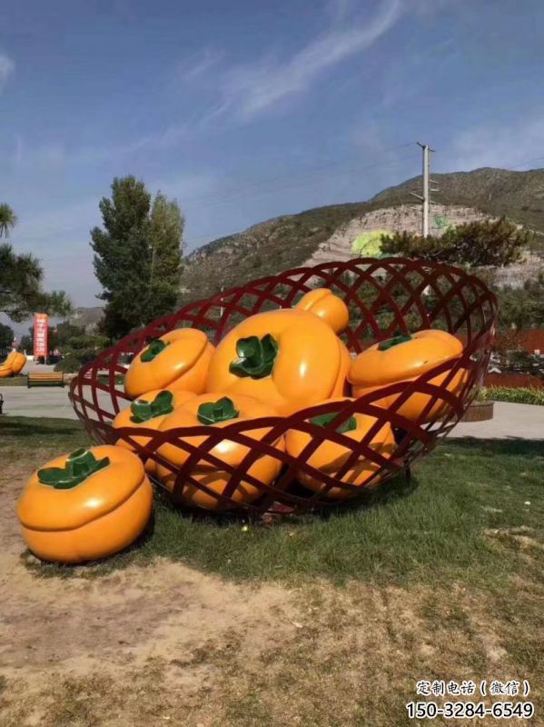 廣場景觀果籃雕塑供給，戶外雕塑，柿子果籃雕塑選用