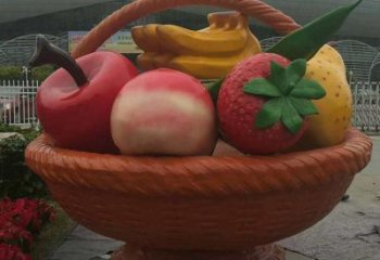 景觀果籃雕塑批發(fā)，彩繪工藝，景觀玻璃鋼果籃雕塑承接