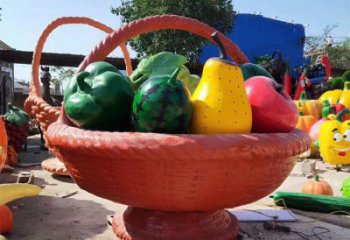 景觀果籃雕塑承接，景區案例，景觀不銹鋼果籃雕塑定制