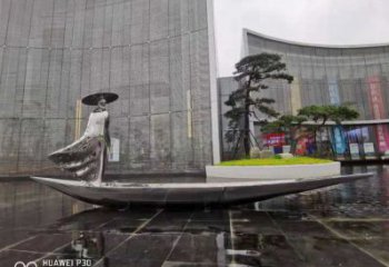 乘船人雕塑服務(wù)商，白鋼構(gòu)件，抽象不銹鋼乘船人雕塑定價