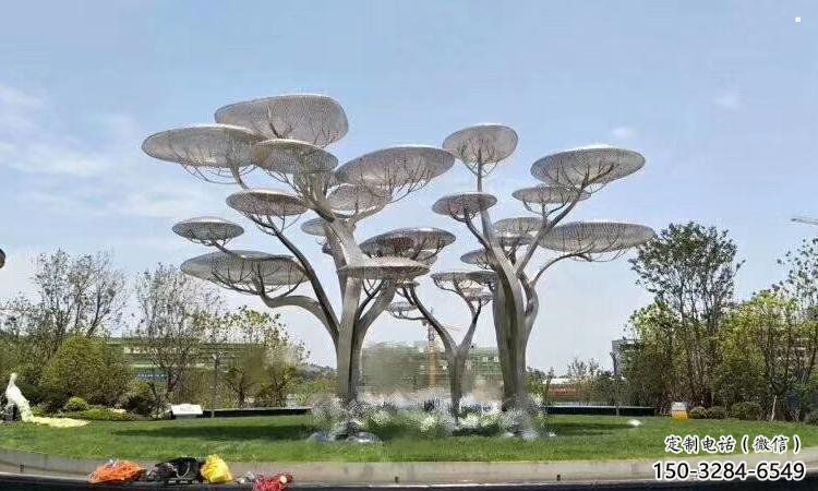 遮陽樹雕塑定做，小區擺件，鏡面不銹鋼遮陽樹雕塑制作