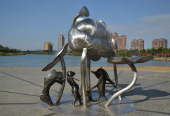 歷下蓮蓬嬉戲雕塑，城市植物景觀雕塑，不銹鋼鏡面效果